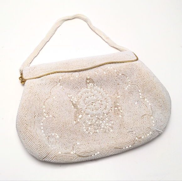 Vintage Handbags - Vintage White Rose Beaded Evening Bag